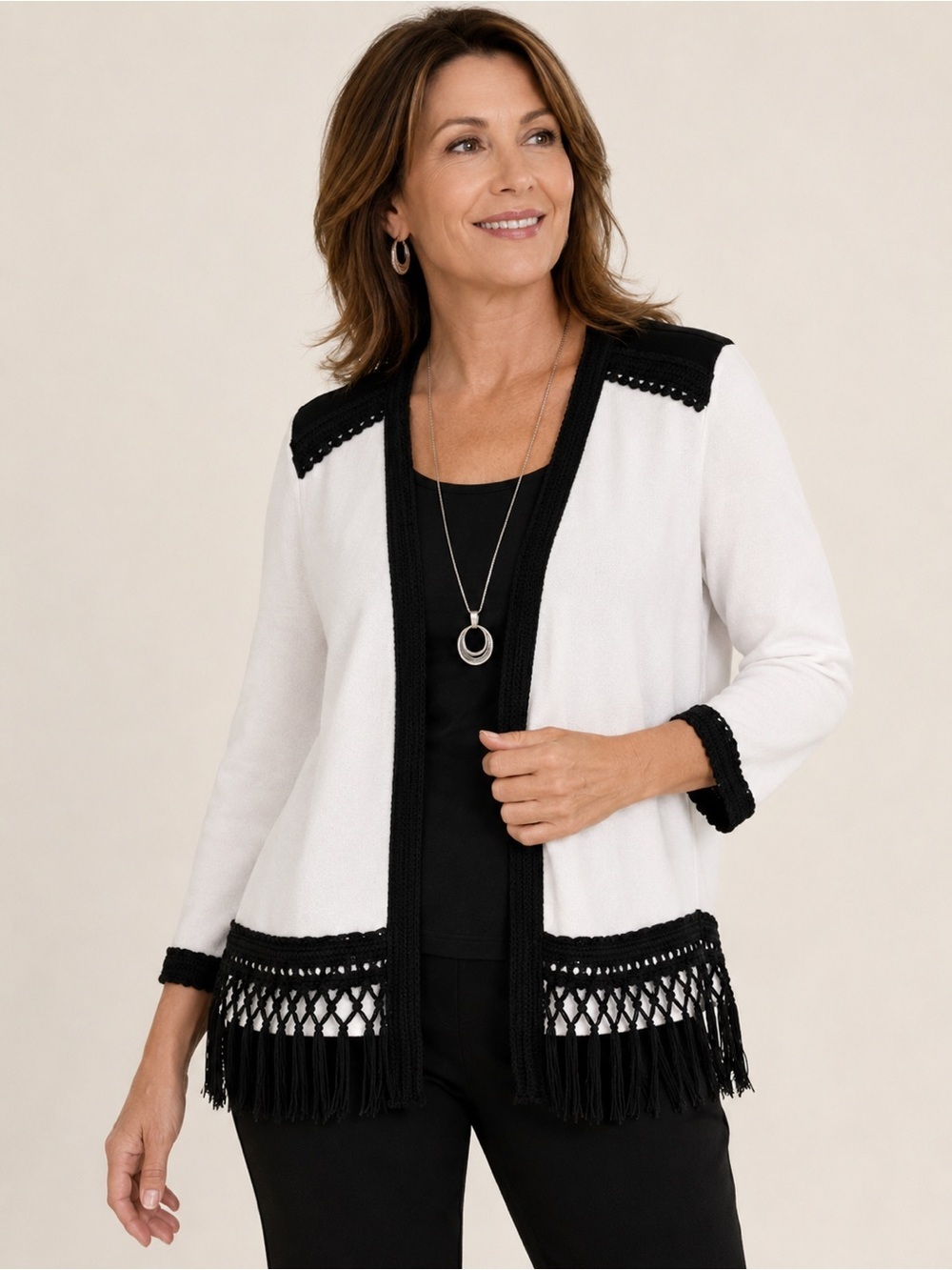 Chico’s Black & White Boho Fringe Open Cardigan Sweater Size 1 (M)